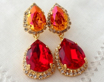 Deep red and Orange pink Crystal Chandelier earrings, Bridal earrings, Dangle earrings, Orange Red, Drop earrings, Wedding jewelry, gift