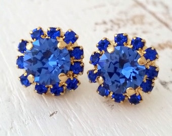 Blue Sapphire Crystal crystal stud earrings, Blue Rhinestone stud earrings, Bridesmaid earrings, Crystal blue earrings, Bridal earrings