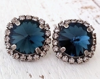 Navy Blue earrings,Oxidized silver stud earrings,Navy blue Bridal earrings,Navy blue Bridesmaid earrings, Crystal crystal stud earrings