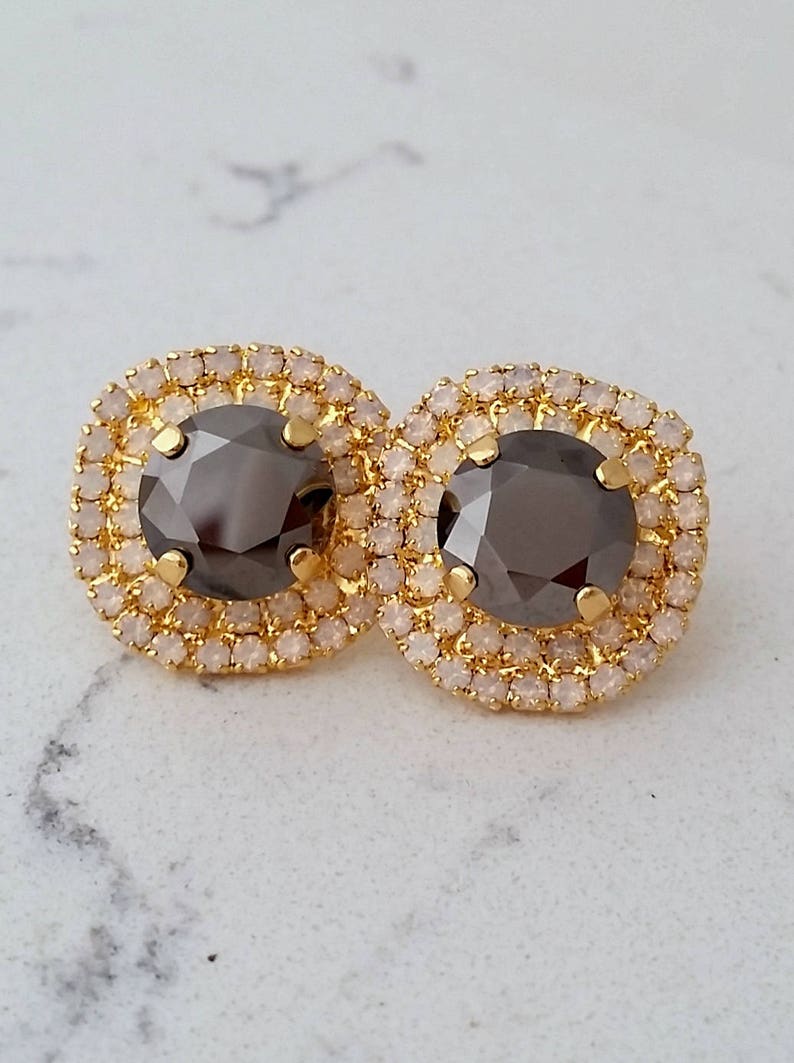 Metalic gray stud earrings,Bridesmaids earrings Gray earrings,White opal earrings,Bridal crystal stud earrings Crystal large stud earrings