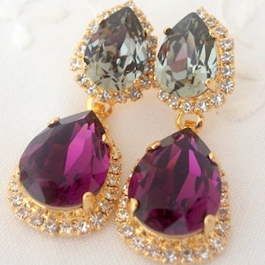 Purple Burgundy Gray Chandelier Earrings, Gold Earrings, Bridal ...