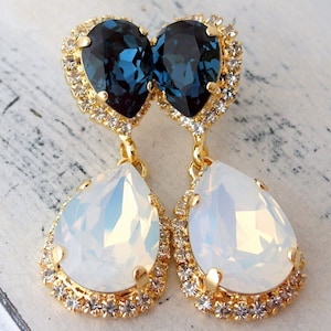 White opal and blue Chandelier earrings, blue and white, Bridal earrings, 14k Gold Dangle earrings, Drop earrings, Crystal earrings