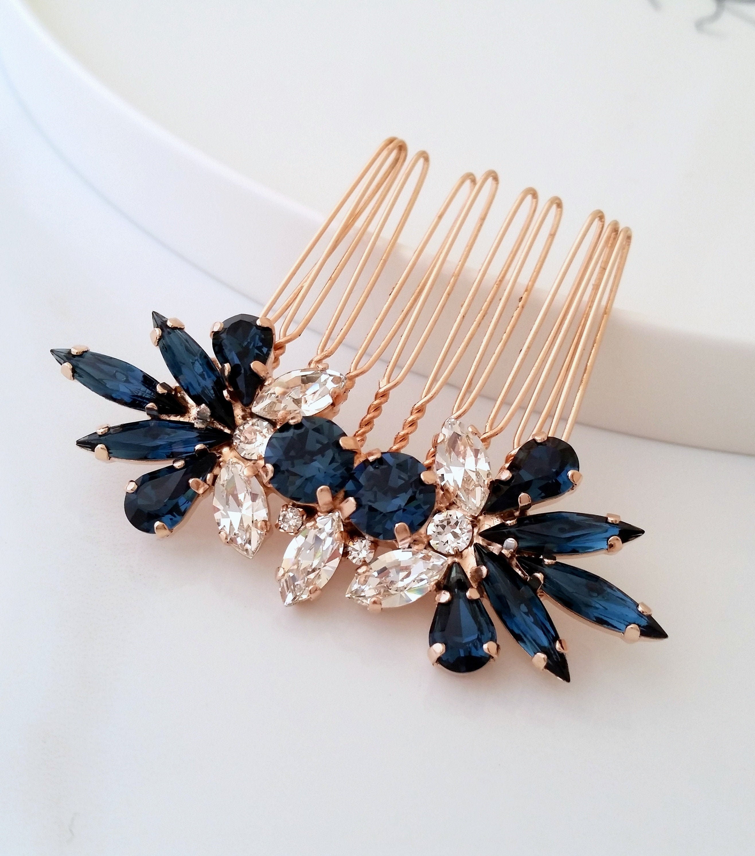 Sapphire hair comb,Bridal Hair Comb,Wedding Hair Accessory,Navy blue Hair Comb,Wedding headpiece,Crystal hair comb,Rhinestone head piece