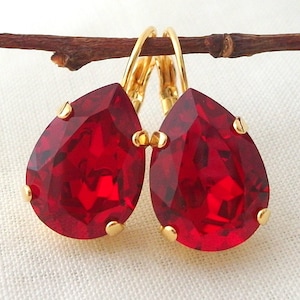 Red Ruby Drop Earrings, Gold Red Crystal Earrings, Red Teardrop Earrings, Crystal Teardrop Earrings, Red Bridesmaid Earrings, Red Jewelry