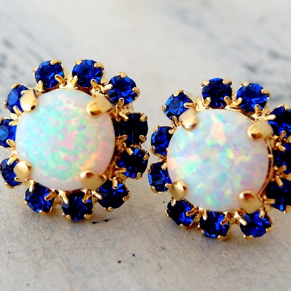Opal earrings, White opal earrings,blue Opal stud earring, Crystal earring,Bridesmaid gift,Bridal earrings Crystal earring gold earrings