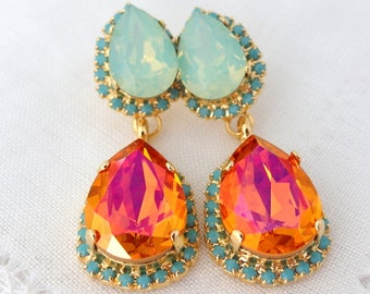 Coral mint earrings,Pink orange Mint opal and turquoise Crystal Chandelier earrings, Coral Dangle earring, Bridal earrings, bridesmaids gift