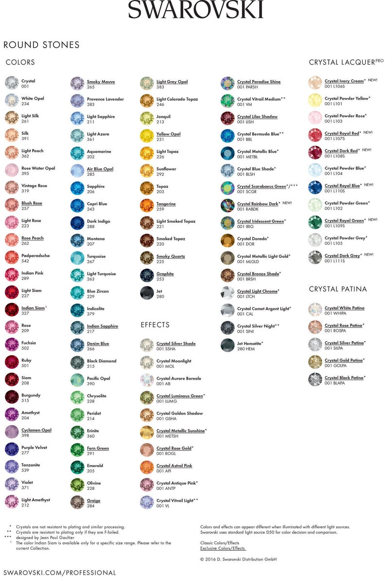 May include: A chart showing a variety of Swarovski crystal colors and effects. The chart is divided into three sections: Round Stones, Crystal Lacquer Pro, and Crystal Patina. Each section lists the color or effect name, a code number, and a small image of the crystal.