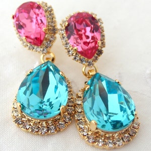 Bridal chandelier earrings,Pink and turquoise earrings,Pink and teal,Dangle earrings,Drop earrings,Wedding jewelry,Crystal earrings