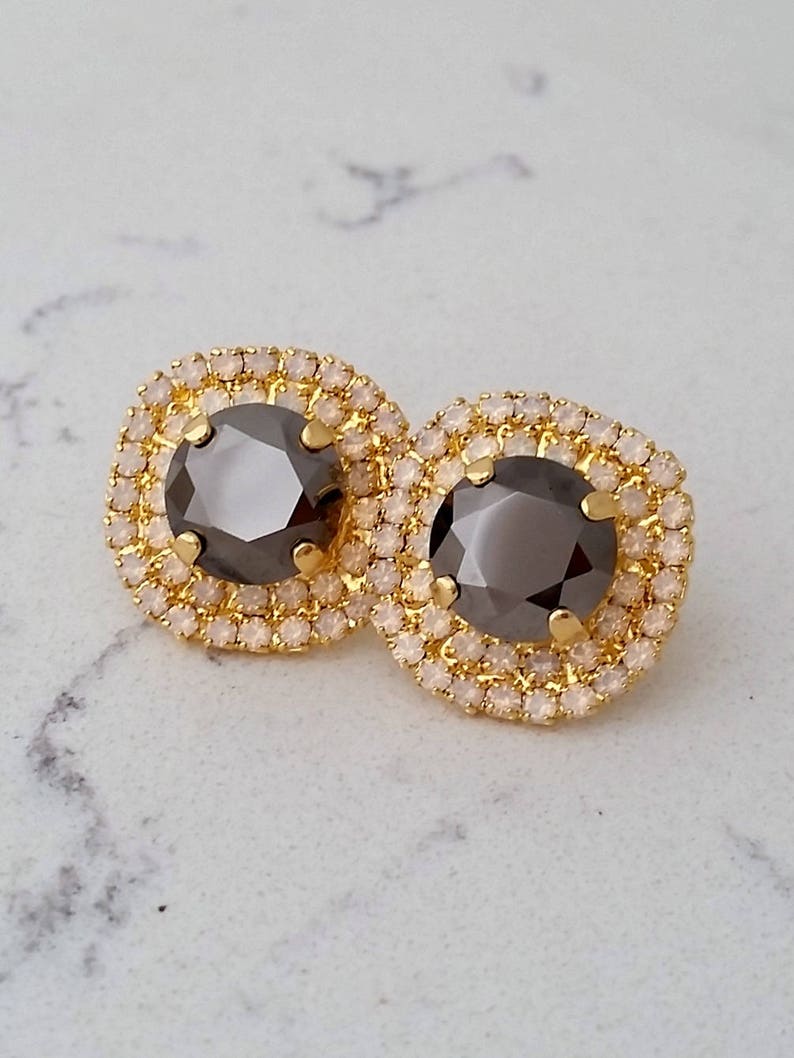 Metalic gray stud earrings,Bridesmaids earrings Gray earrings,White opal earrings,Bridal crystal stud earrings Crystal large stud earrings