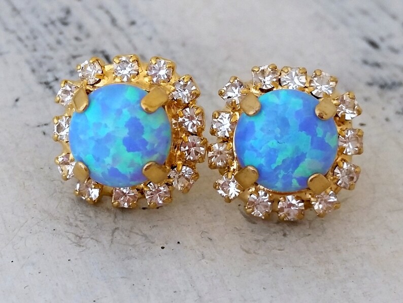 Opal Earrings Aqua Blue Opal Stud Earring Crystal Earrings Etsy