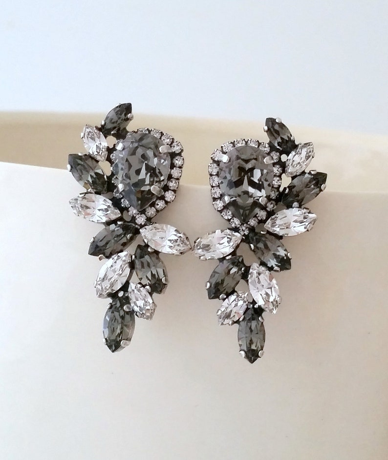 Gray earrings,dark gray earrings,Bridal earrings,Cluster earrings, earring,crystal earring,Bridesmaids,Statement stud earring image 1