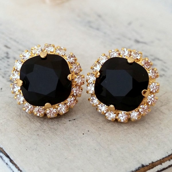 Black earrings,Black stud earrings,Black Bridal earrings, Black Bridesmaid earrings, Crystal stud earrings,Crystal earrings,Gift for her