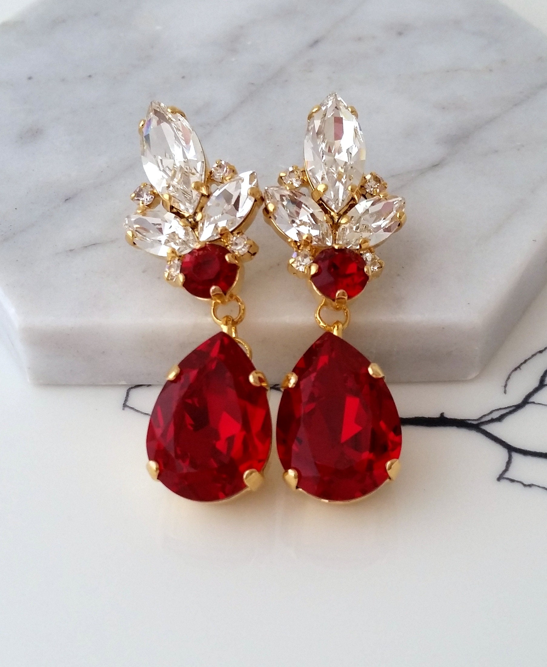 Red Crystal Earrings Ruby Red Earrings Red Gold Red Earring Red European Deep Red Drop Earring Red Wedding Red bridesmaids,Light Siam,GE108