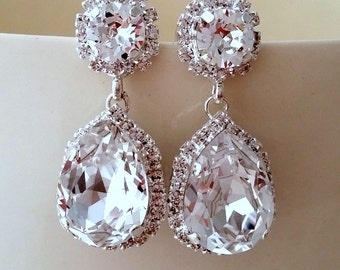 Bridal earrings,White clear Crystal Chandelier earrings, Silver estate style dangle earrings, Bridal earrings,silver wedding jewelry
