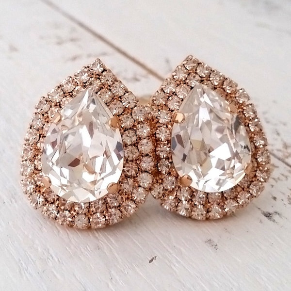 Rose gold earrings,Bridal earrings,Clear crystal stud earrings, Extra large bridal earrings,Rose gold bridesmaids earrings,Crystal studs
