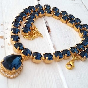 Navy blue  crystal necklace, Sapphire Choker Bridal necklace, Statement necklace, Bridesmaids gift Tennis necklace,Wedding jewelry