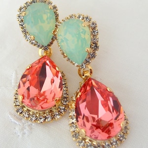Coral earrings, Peach coral mint Chandelier earrings, Bridal earrings, Drop earrings, Dangle earrings, Weddings jewelry, Crystal earrings