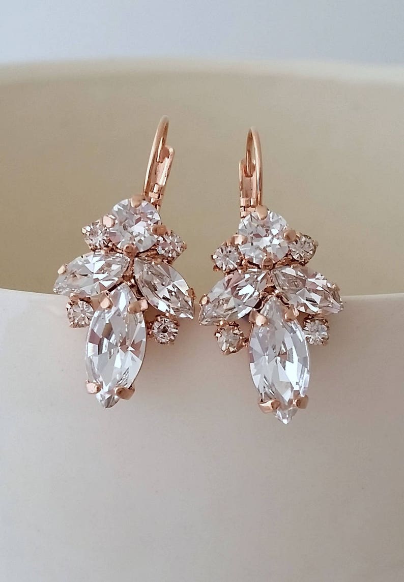 Bridal earrings drop,Rose gold earrings,Clear crystal earrings,Crystal drop earrings,Bridesmaid gift,Petite earrings,Vintage Bridal earrings image 4