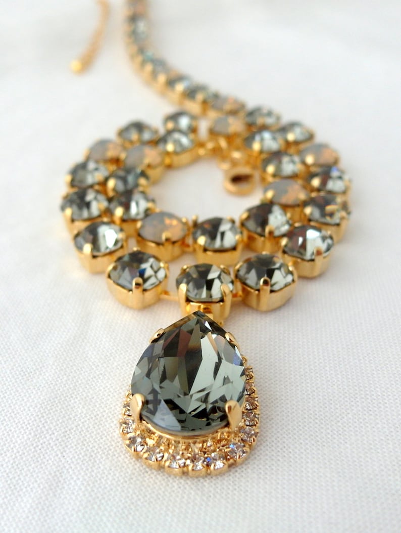 Smokey grey black diamond crystal necklace, Statement necklace, Bridal necklace, Bridesmaids gift, Tennis necklace,Wedding jewelry image 4