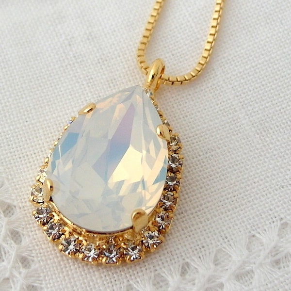 Bridal necklace, White opal and clear crystal pendant necklace, Teardrop pendant necklace, Gold necklace, Statement necklace