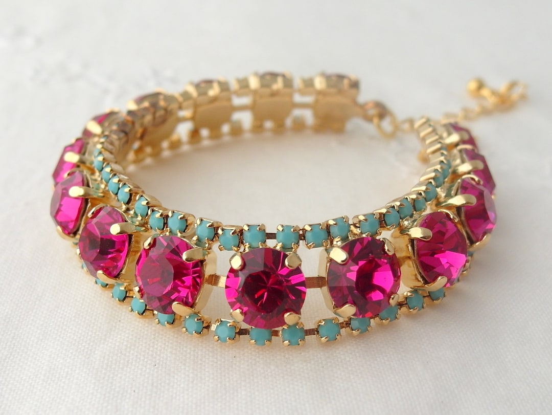 Hot Pink and Turquoise Bracelet, Tennis Bracelet, Bridal Barcelet