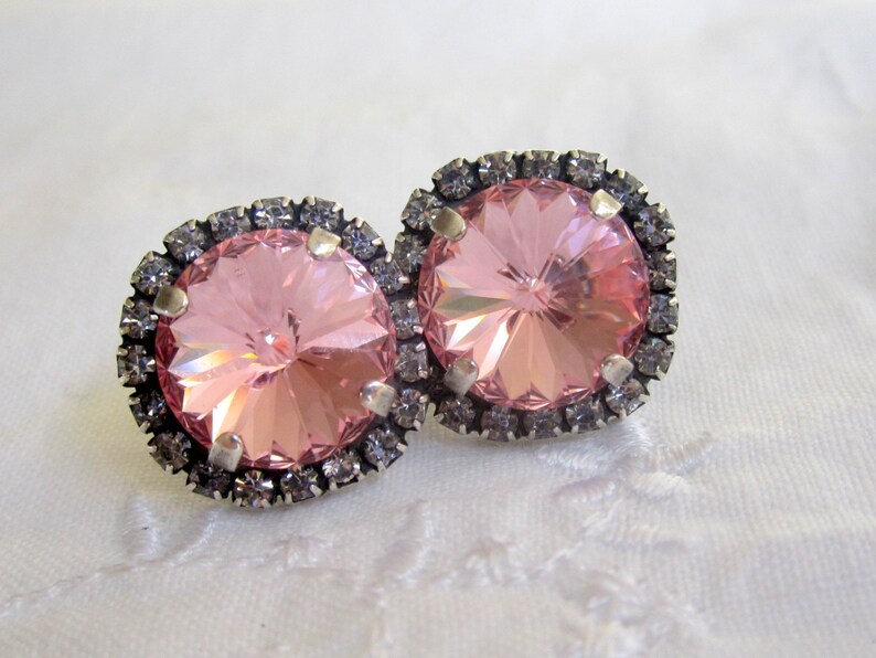 Pink earrings,pink studs earrings,Crystal crystal earrings,pink bridesmaids earrings, Oxidized silver earrings, pink bridal earrings image 4