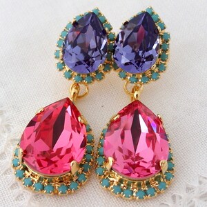 Pink rose purple tanzanite  and turquoise halo Crystal Chandelier earrings, Drop earring, Dangle earring, Bridal earrings, bridesmaids gift