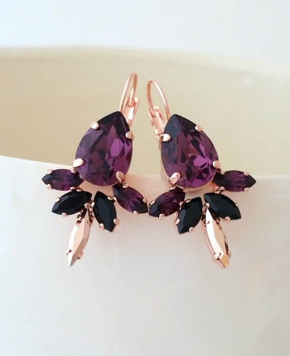 Buy Elegant Purple Colour Stone Flower Design Gold Plated Earrings Online