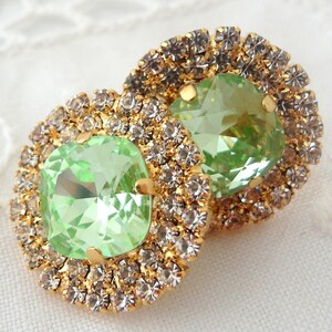 Mint earrings, Mint green crystal stud earrings,Mint bridesmaids earrings,Mint bridal arrings,large stud earrings, Crystal, mint wedding image 2