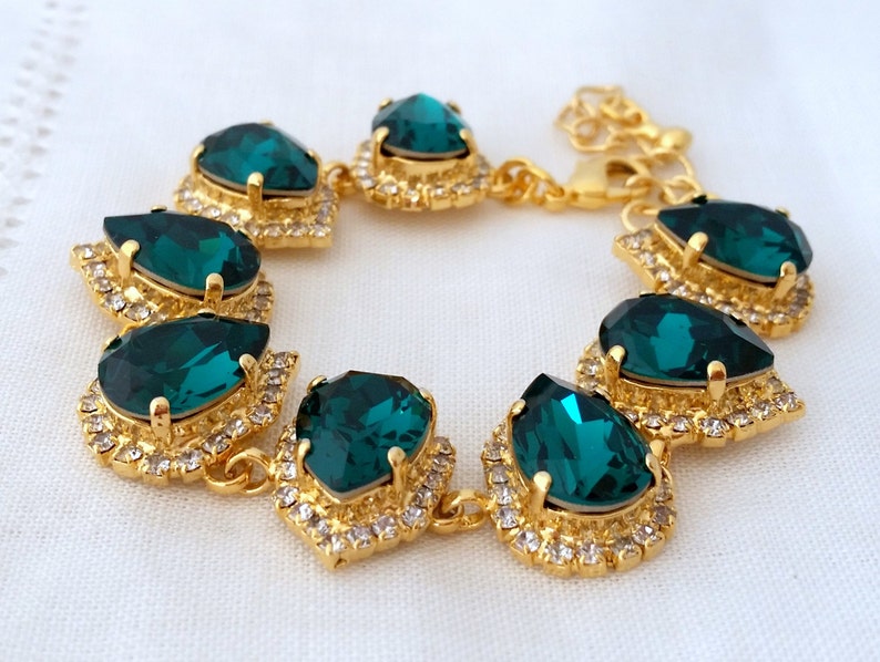 Emerald bracelet,emerald green teardrop bracelet,crystal crystal bracelet,Emerald bridal bracelet, Bridesmaids gift,Gold or silver,Wedding image 3