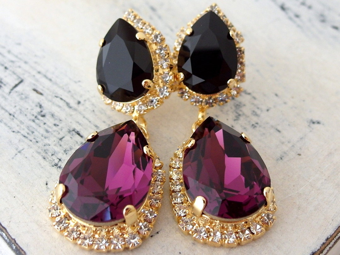 【BLACKPURPLE】[BLACKLABEL] Full Moon Crystal Earring Purple Amethyst Black Crystal Earrings, Chandelier Earring