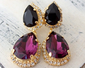 Purple Amethyst Black Crystal Earrings, Chandelier Earring