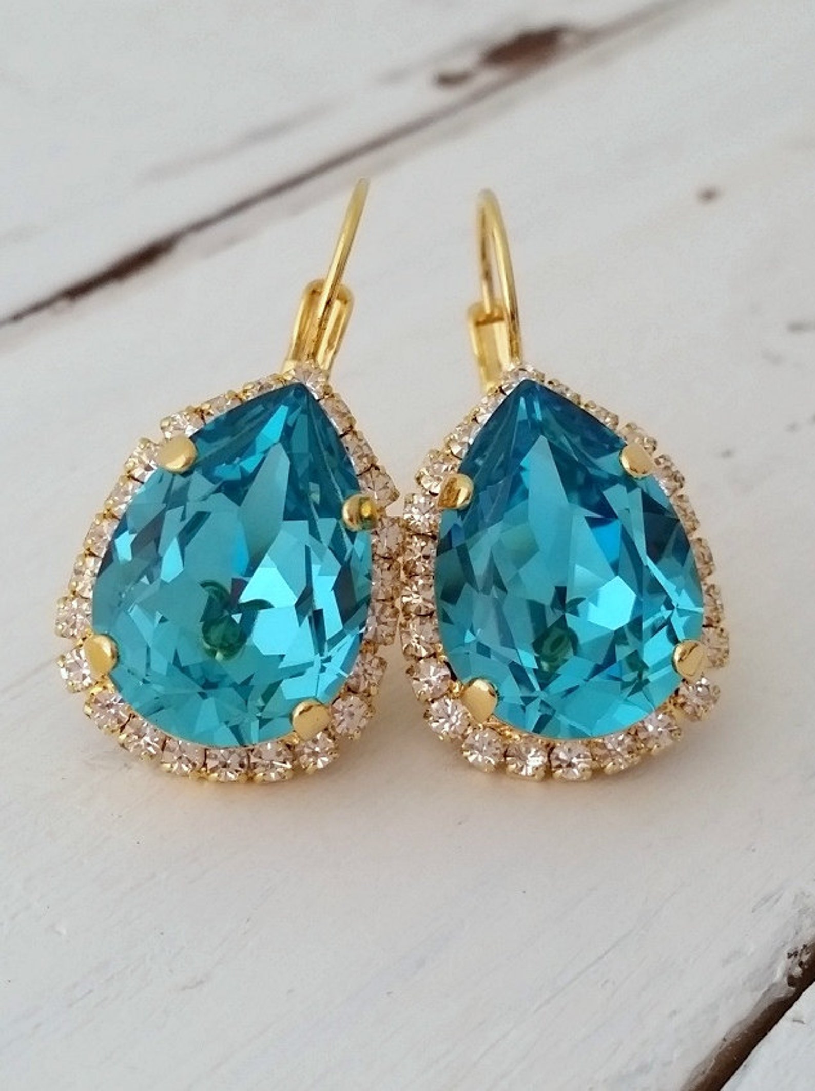 Teal Earrings Turquoise Earrings Crystal Teardrop Earrings Etsy