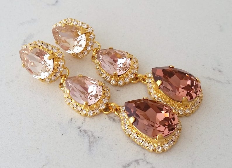 Bridal earrings,Long chandelier earrings,blush earrings,Morganite earring,Gold earring,bridesmaid gift,Crystal earrings image 3