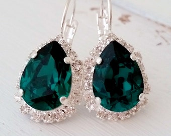 Emerald earrings,Emerald green earrings,Crystal earrings,Bridal earrings,Bridesmaids gift,Dark green,Bridesmaid earrings,Emerald jewlery