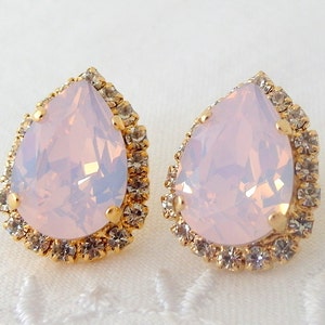 Pink opal crystal teardrop stud earrings, Bridal earrings, Bridesmaids jewelry, Blush Pink earrings, powdered pink earrings, Gold or silver