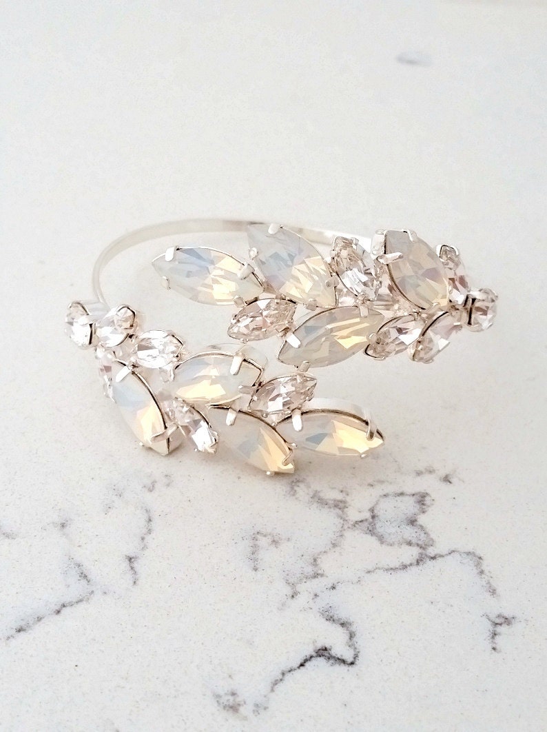 Bridal bracelet, Opal bracelet, White opal crystal bracelet,Opal birthstone, Cuff bracelet, Bridemsids gift, Wedding jewlery, Gold or Silver image 2