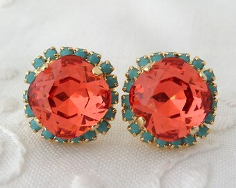 Red peach Crystal crystal stud earrings, Bridesmaid gifts, Coral and turquiose Rhinestone stud earrings, Bridal earrings, 14k gold