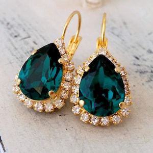 Emerald earrings,Emerald green earrings,Rose gold earrings,Crystal earrings,Bridal earrings,Bridesmaids gift,Dark green,Bridesmaid earring