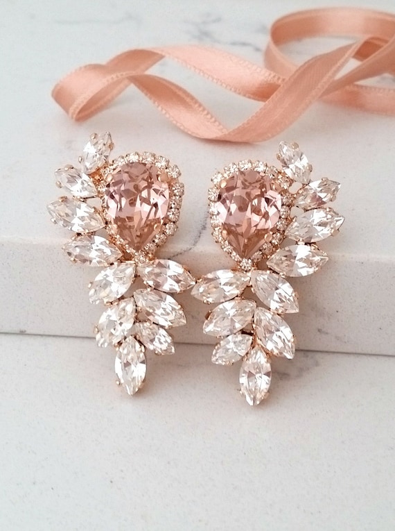 Bridal Earringsrose Gold Blush Earringsmorganite Bridal Earrings Rose Gold Blush Morganite Chandelier Large Swarovski Earring Cer