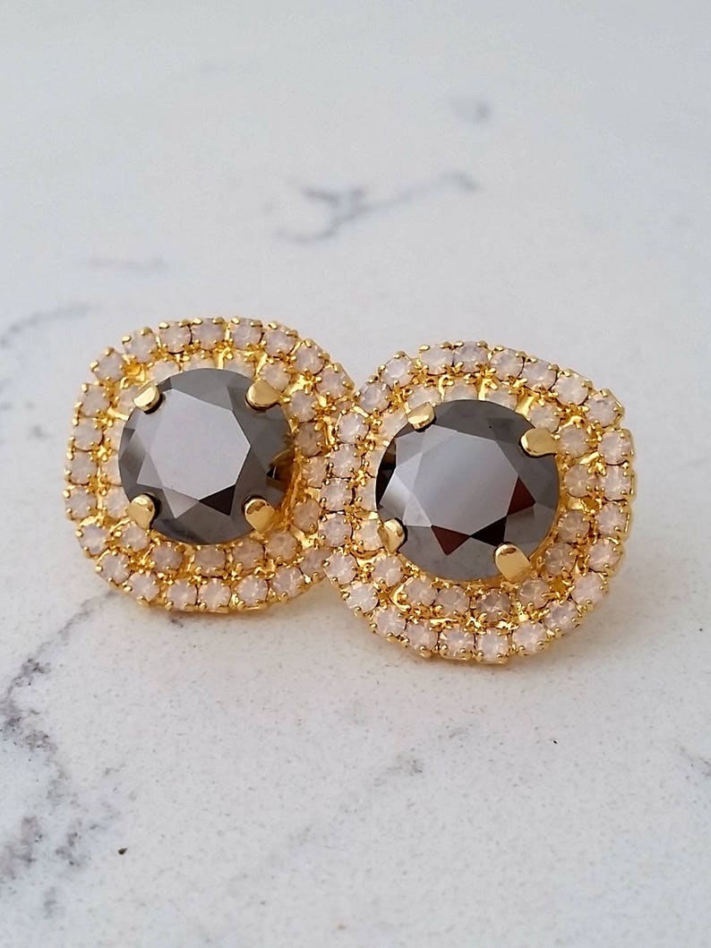 Metalic gray stud earrings,Bridesmaids earrings Gray earrings,White opal earrings,Bridal crystal stud earrings Crystal large stud earrings
