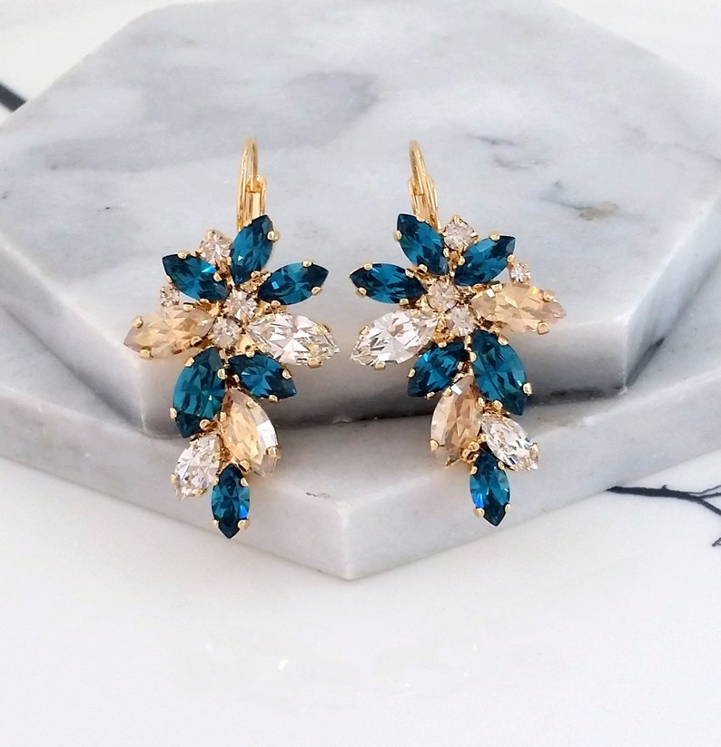 Teal earrings,Teal chamapgne earrings,Dark teal bridal earrings drop,Teal drop earrings,Teal Cluster earrings,Crystal Bridesmaids earrings image 2