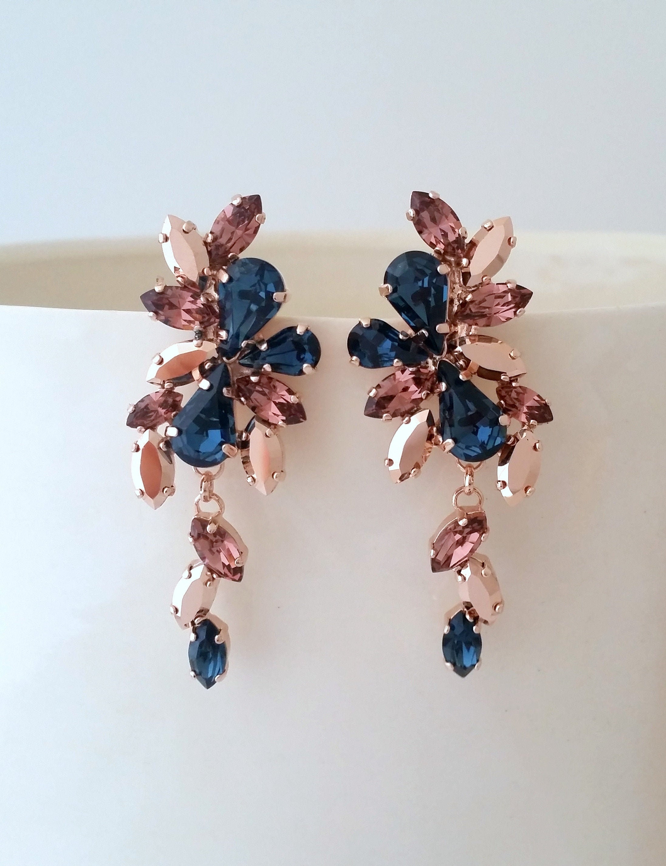Bridal earringsNavy blue long earringsNavy blue blush rose | Etsy