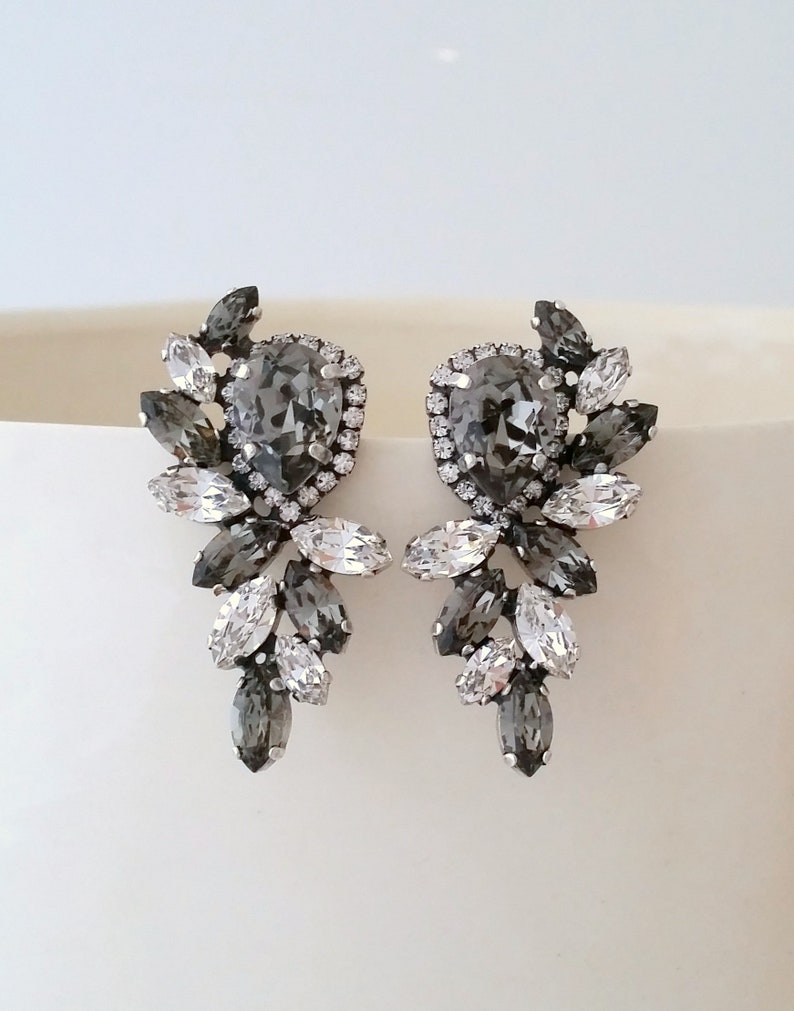 Gray earrings,dark gray earrings,Bridal earrings,Cluster earrings, earring,crystal earring,Bridesmaids,Statement stud earring image 5