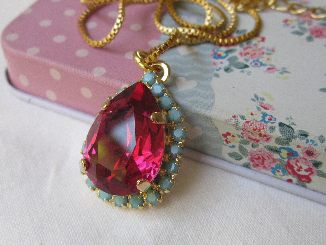 Pendant Necklace Ruby Pink Fuchsia and Turquoise Crystal - Etsy