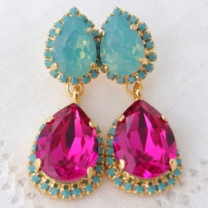Hot pink fuchsia and mint pacific opal Crystal Chandelier earrings, Drop earrings, Dangle earrings, Bridal earrings, Weddings jewelry