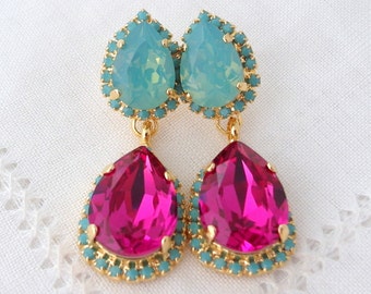 Hot pink fuchsia and mint pacific opal Crystal Chandelier earrings, Drop earrings, Dangle earrings, Bridal earrings, Weddings jewelry