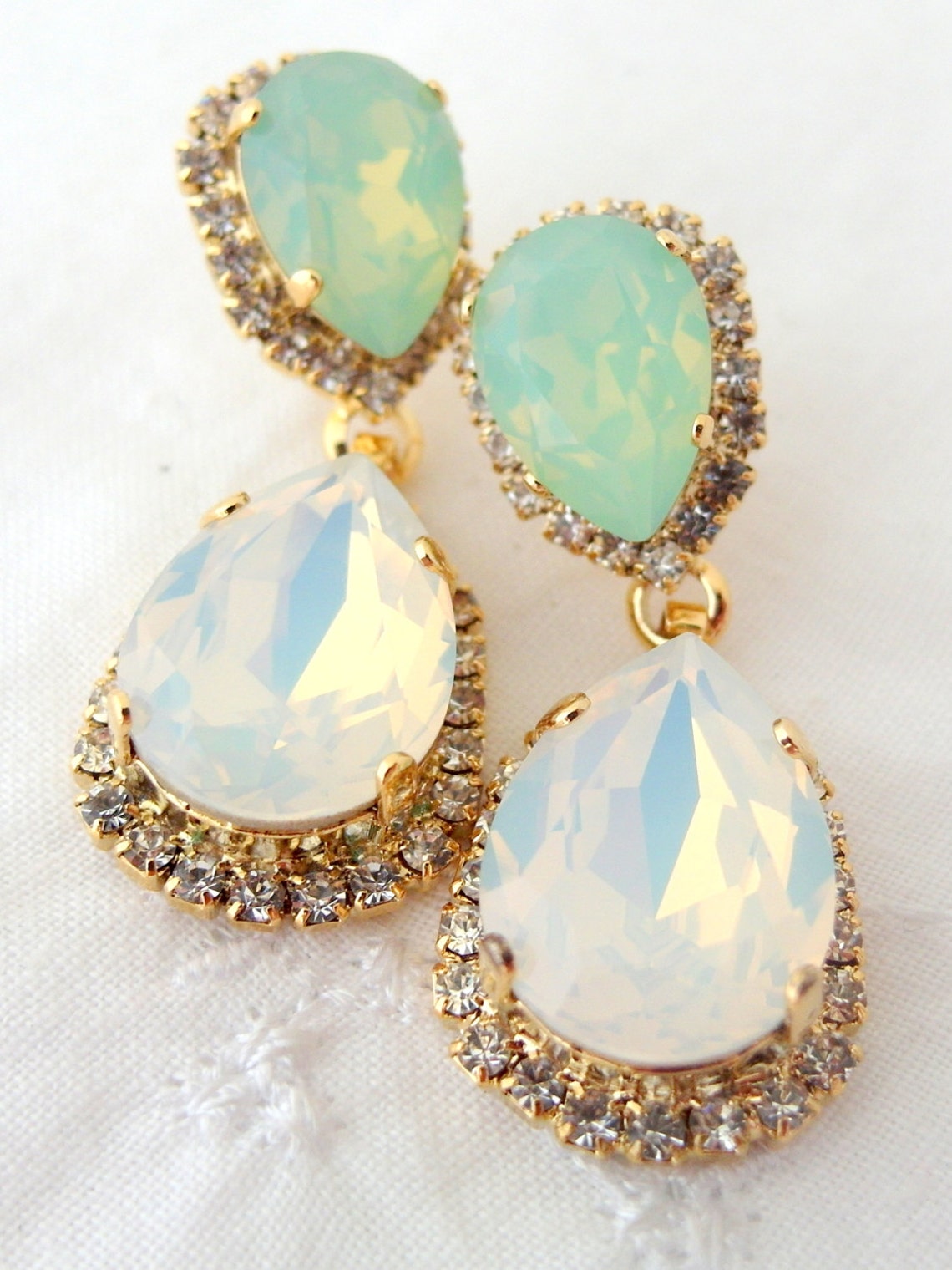 White Opal Mint Chandelier Earringsopal Bridal Earringsmint Etsy Israel