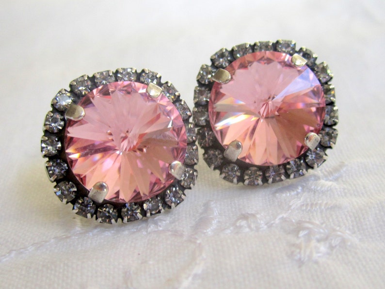 Pink earrings,pink studs earrings,Crystal crystal earrings,pink bridesmaids earrings, Oxidized silver earrings, pink bridal earrings image 3