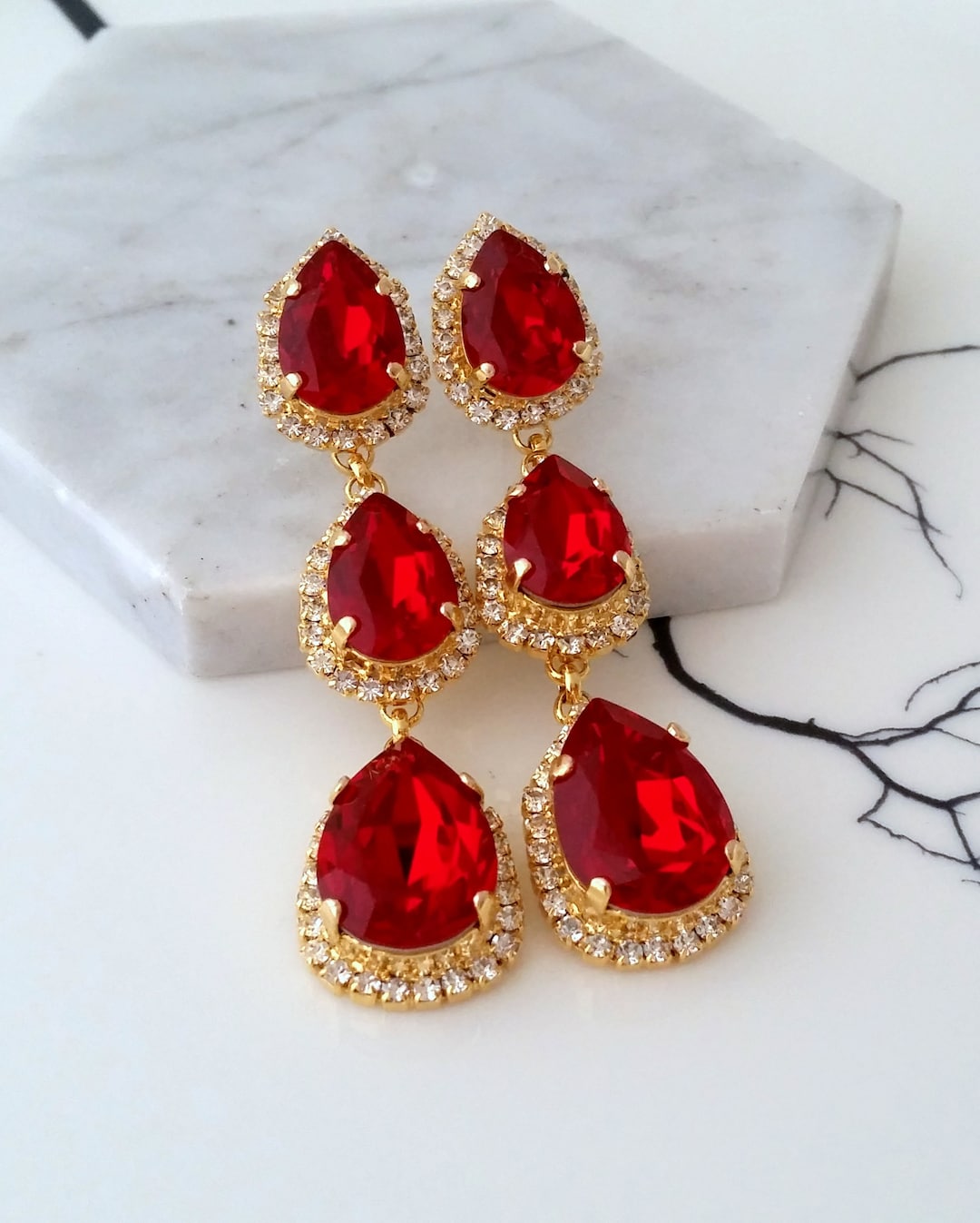 Red Chandelier Earringsred Ruby Earringsred Long Etsy